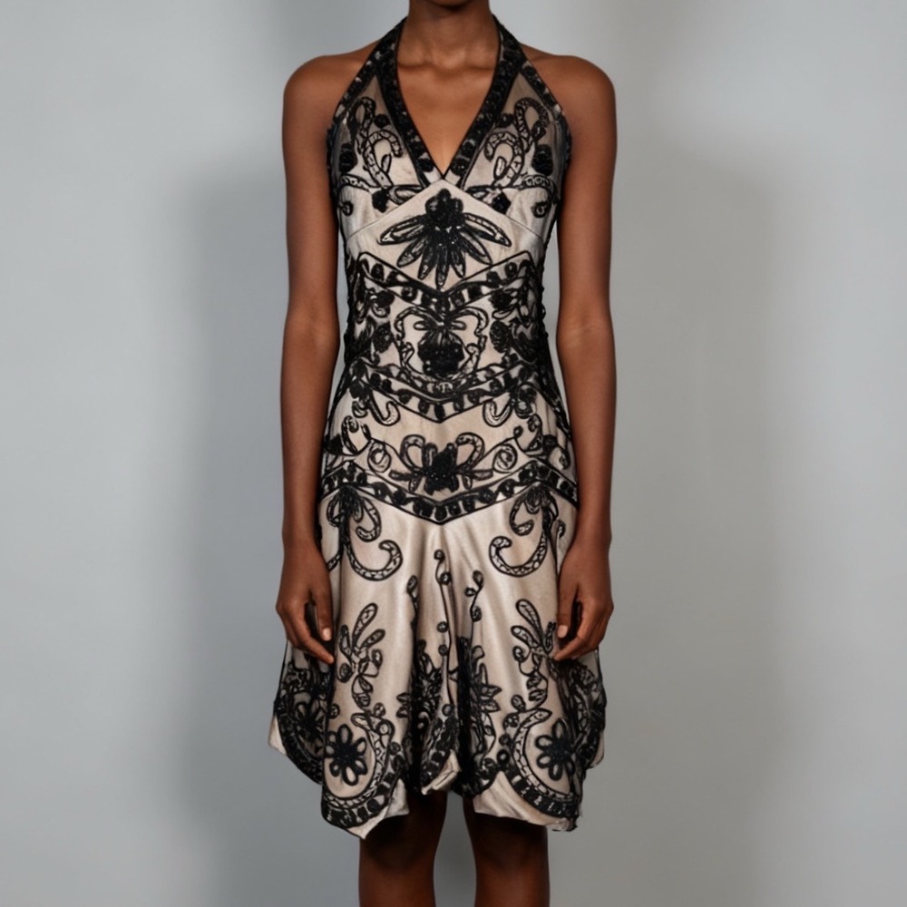 Interlude USA Beaded Sequin Halter Party Dress Bubble Hem Black and Nude Small